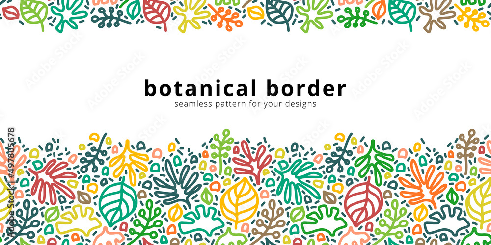 Poster vector seamless border pattern with botanical elements. floral linear modern background. horizontal 