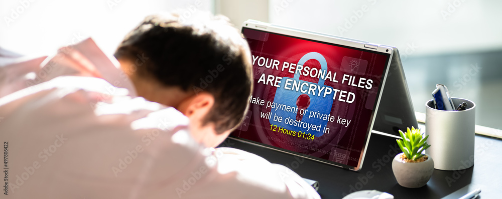 Poster ransomware malware attack. business computer hacked