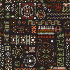 Abstract African art shapes seamless background, tribal geometric decoration pattern. Colored flat vector boho symbols illustrations. Ancient indian shapes and animal print doodles.