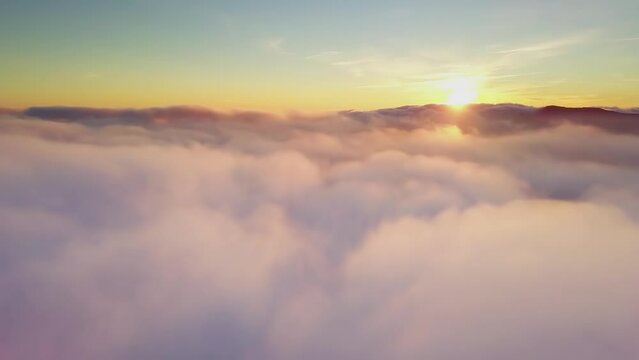 4K Drone flies in the clouds. Flight through the clouds during sunrise, top view of the clouds from the drone. National Park Shipit Karpat. Carpathians, Pylypets, Ukraine. 