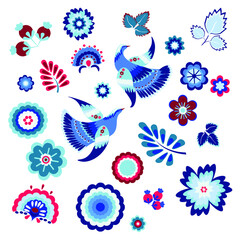Fototapeta na wymiar Vector drawing with a decorative pattern depicting two fairy-tale birds and geometric flowers in blue, blue and burgundy.