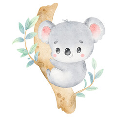 Digital watercolor. Digitally drawn illustration of a cute cartoon koala isolated on a white background. Little cute watercolor animals.