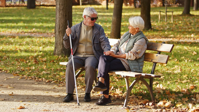 Aged Caucasian married people sit on the bench looking at each other and smiling in a park handicapped blind man with glasses and a stick blind people emotional support rehabilitation full shot