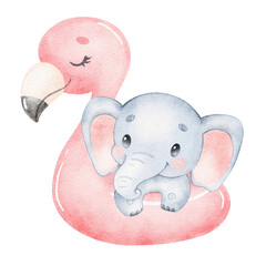Digital watercolor. Digitally drawn illustration of a cute cartoon elephant swimming. Cute tropical animals.