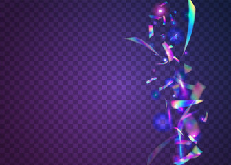 Transparent Sparkles. Pink Retro Glitter. Iridescent Background. Party Flyer. Fiesta Foil. Carnival Effect. Shiny Festival Backdrop. Flying Art. Purple Transparent Sparkles