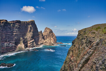 Ponta de Sao Lourenco, Madeira,Portugal. Beautiful scenic mountain view of green landscape,cliffs and Atlantic Ocean.