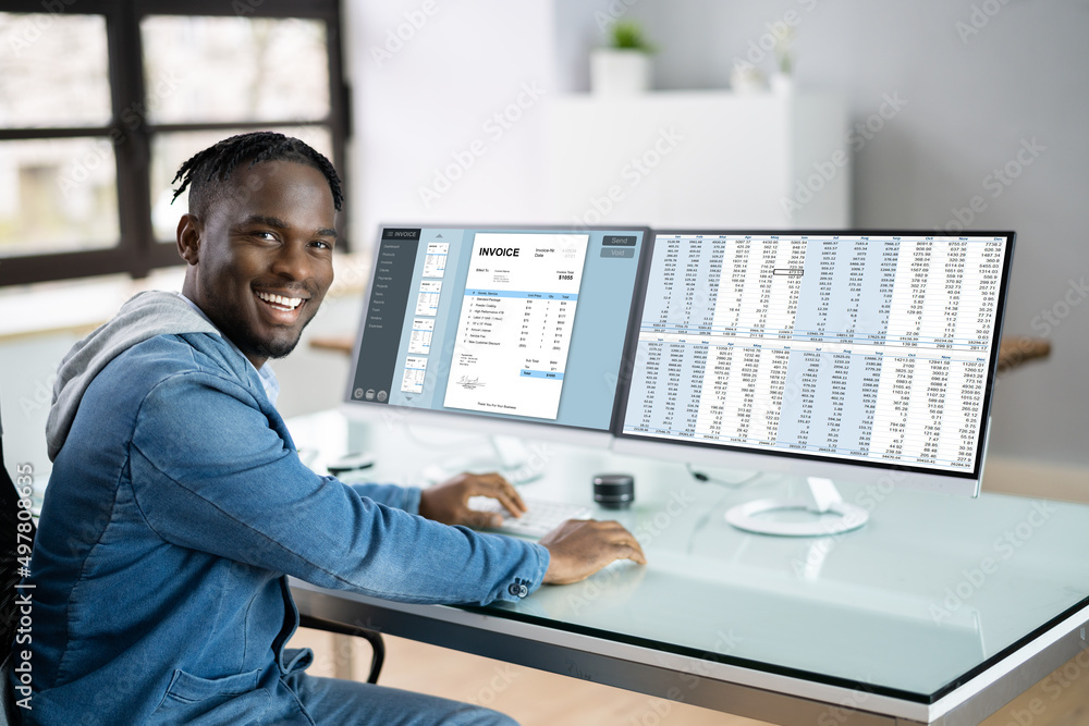 Poster analyst working with spreadsheet