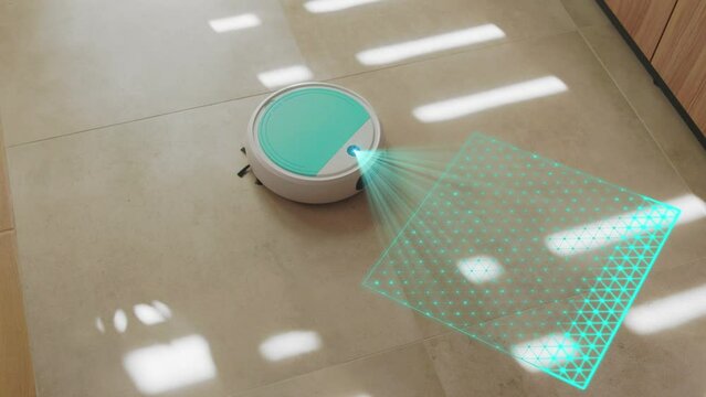 Close-up of a Robot Vacuum Cleaner and Scan Floor. Future Robot vacuum cleaner. Cleaner Automate. Technology Concept with Smart Home.