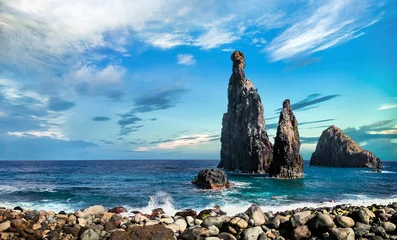 Poster Madeira island nature scenery. Sea landscape, amazing beach Ribeira da janela with huge rock formation in the north coast © Freesurf