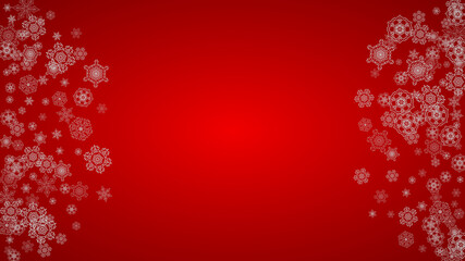 Christmas background with silver snowflakes and sparkles. Horizontal New Year and Christmas background for party invitation, banner, gift cards, retail offers. Falling snow. Frosty winter backdrop.