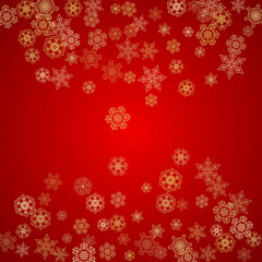 Christmas snowflakes on red background. Glitter frame for seasonal winter banners, gift coupon, voucher, ads, party event. Santa Claus colors with golden Christmas snowflakes. Falling snow for holiday