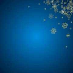 New Year snow on blue background. Gold glitter snowflakes. Christmas and New Year snow falling backdrop. For season sales, special offers, banners, cards, party invites, flyers. Frosty winter on blue.
