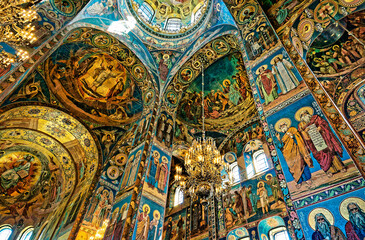 Fototapeta na wymiar Saint Petersburg Russia. Russian Orthodox Church of the Saviour on Spilled Blood. Interior mosaics beneath the central dome