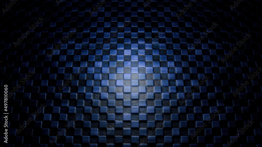 Poster abstract rotating dark blue chequered surface with one light spot in the middle surrounded by shadow