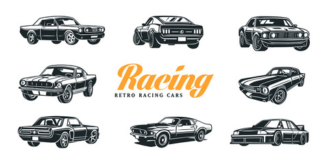 Set of retro muscle cars. - obrazy, fototapety, plakaty