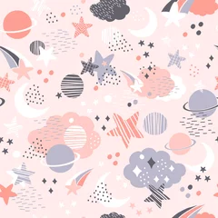 Gordijnen Seamless cosmic pattern in trendy colors vector background © alinart