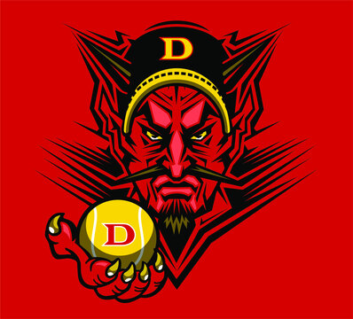 horned devil mascot holding tennis ball for school, college or league