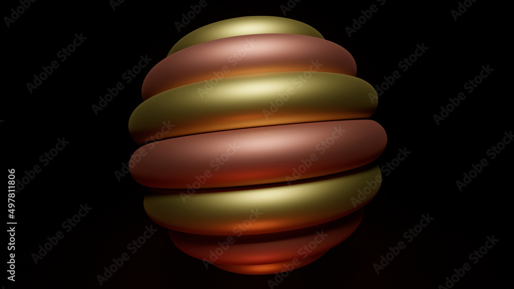Poster 3d ball of curved golden and orange layers in hypnotic motion. design. sphere formed by convex strip