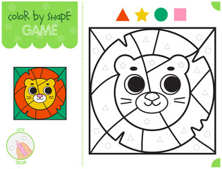 Color by shape, educational game for children, cartoon style lion