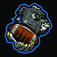 mean bulldog mascot holding football in paw for school, college or league