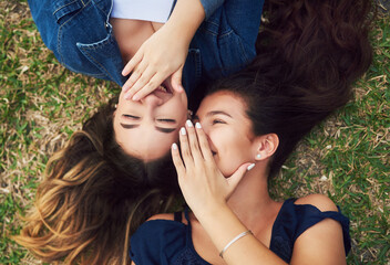 I always tell her all my secrets. High angle shot of two female best friends spending the day in a...