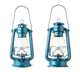 metal hanging hurricane gas lanterns, camping light or interior decoration glass oil lamp, isolated...