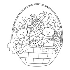 hand-drawn vector postcard for easter coloring on the theme of Easter, Easter bunnies