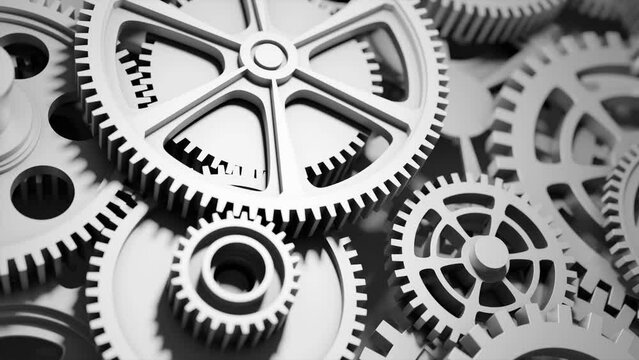 Gears rotation mechanism. Industrial animated motion background in 3d.