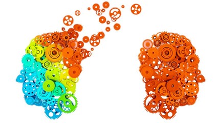 Human brain functioning concept. Head with rotating metal gears loop. 3d animation