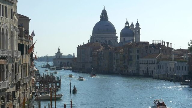 Looking along the Grand Canal towards Santa Maria de la Salute, Venice. Backlit