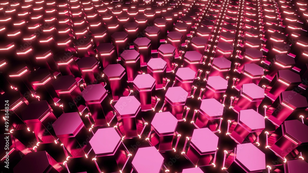 Aufkleber futuristic 3d field with geometric waves. design. surface of 3d rising hexagons. hexagons rise in wa