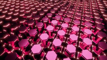 Fototapeta premium Futuristic 3d field with geometric waves. Design. Surface of 3d rising hexagons. Hexagons rise in waves on surface
