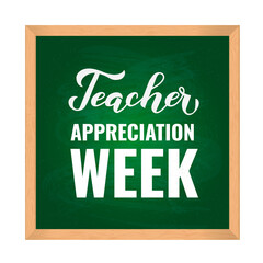 Teacher Appreciation Week lettering on green board with wooden frame. Annual event in United States on May. Vector template for greeting card, typography poster, banner, etc