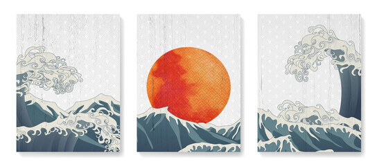 Oriental art background with ocean or sea waves and red sun. Japanese style poster set for decor, interior design, wallpaper, packaging - 497815212