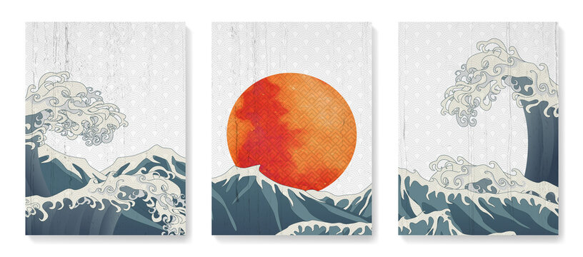 Oriental Art Background With Ocean Or Sea Waves And Red Sun. Japanese Style Poster Set For Decor, Interior Design, Wallpaper, Packaging