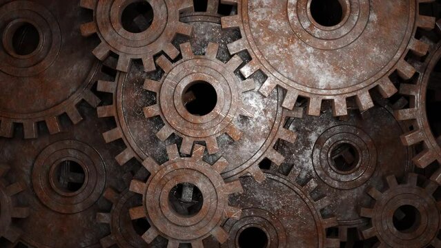 Gears rotation mechanism. Industrial animated motion background in 3d.