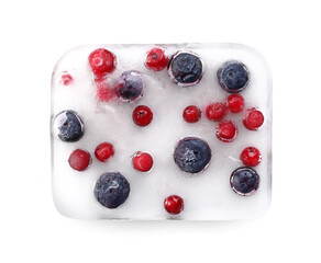 Fresh berries frozen in ice on white background
