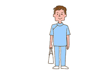 訪問医療をしている看護師（男性）　コミカルな手書きの人物　ベクター、線画にカラー