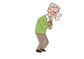 息苦しさを感じている高齢男性　コミカルな手書きの人物　ベクター、線画にカラー