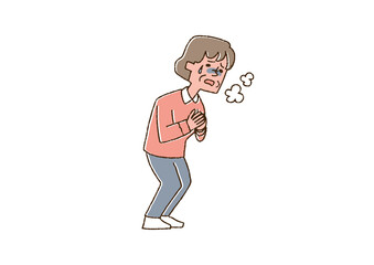 息苦しさを感じている高齢女性　コミカルな手書きの人物　ベクター、線画にカラー