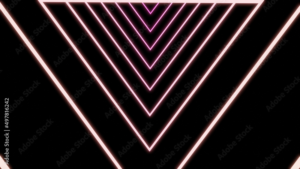 Poster Triangular neon tunnel on black background. Design. Moving dizzying tunnel of neon triangular lines. Geometric neon tunnel of triangles