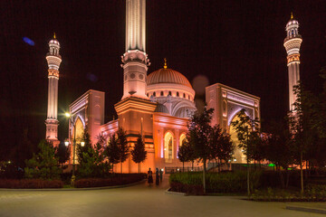 The new mosque named after the Prophet Muhammad made of white marble in Chechnya.	