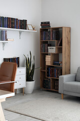 Bookcase with shelves in modern interior of room
