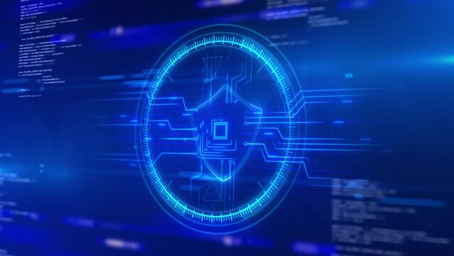 4K HUD and Shield Icon of Cyber Security, Digital Data Network Protection, Future Technology Network. Shield Icon of Cyber Security, spyware, malware, virus trojan, keylogger, hacker attack.