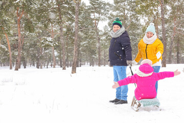 Fototapeta na wymiar Little girl with her grandparents sledging on snowy winter day