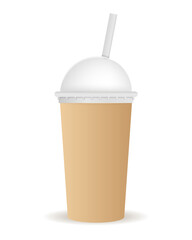 Paper packaging mug. Cocktails and sweets, inventory for restaurants. Summer smoothies and cold drinks. Comfortable vacation in tropical and exotic countries. Cartoon isometric vector illustration