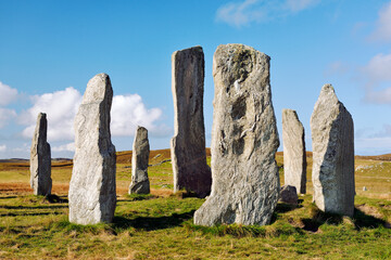 Tursachan prehistoric Neolithic stones at Callanish, Isle of Lewis, Scotland. aka Callanish I. The tall central monolith and part of the core circle - obrazy, fototapety, plakaty