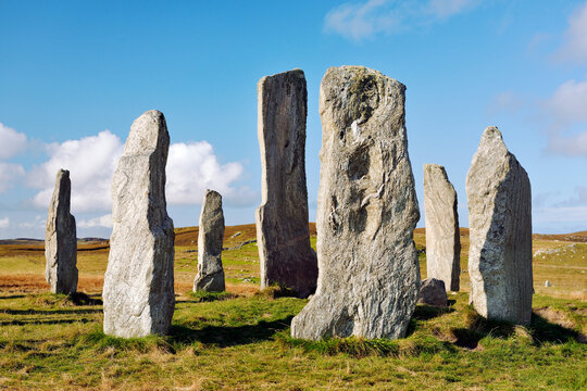Tursachan prehistoric Neolithic stones at Callanish, Isle of Lewis, Scotland. aka Callanish I. The tall central monolith and part of the core circle