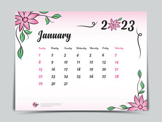 Calendar 2023 template on pink flowers background, January 2023 template, Monthly calendar planner artwork, Desk calendar 2023 design, Wall Calendar design, Poster, simple, vector eps10