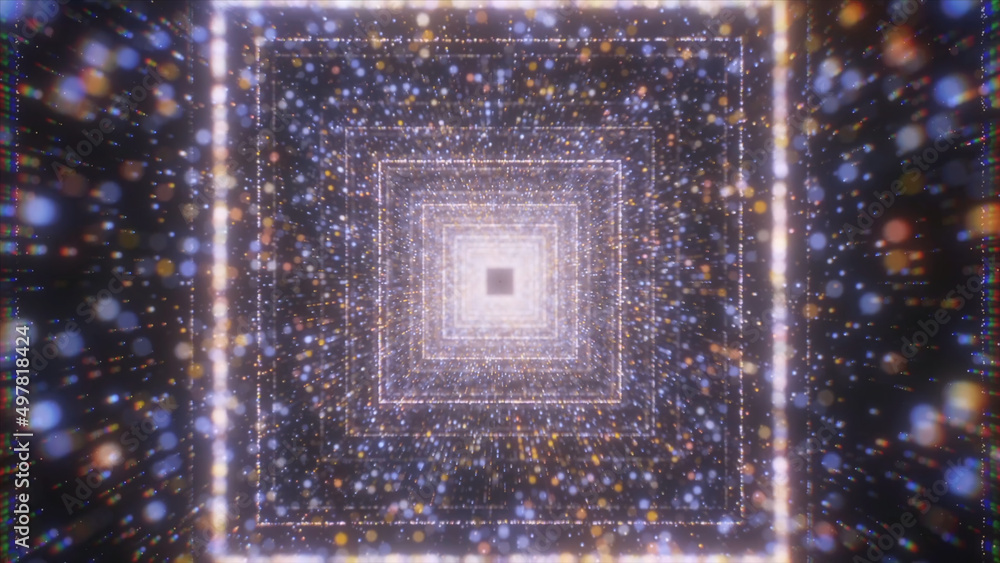 Poster Moving in square cyber tunnel with particles. Motion. Glowing particles in tunnel with neon squares. Square spatial tunnel with flow of colorful particles